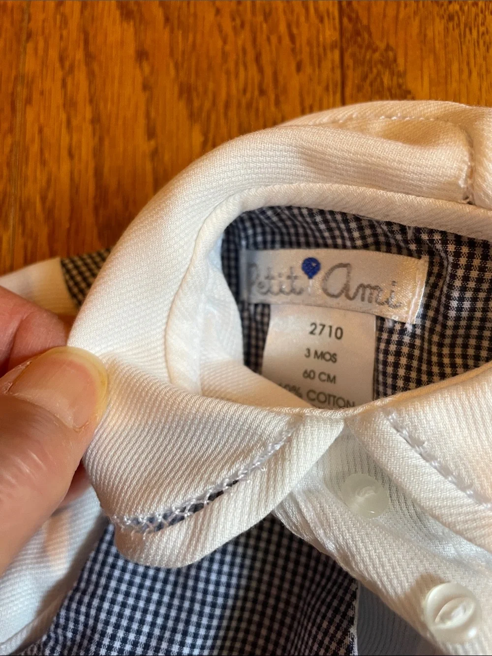 Petit Ami Navy Gingham Baby Boy size 3 mos Shortall with White Peter Pan Coller